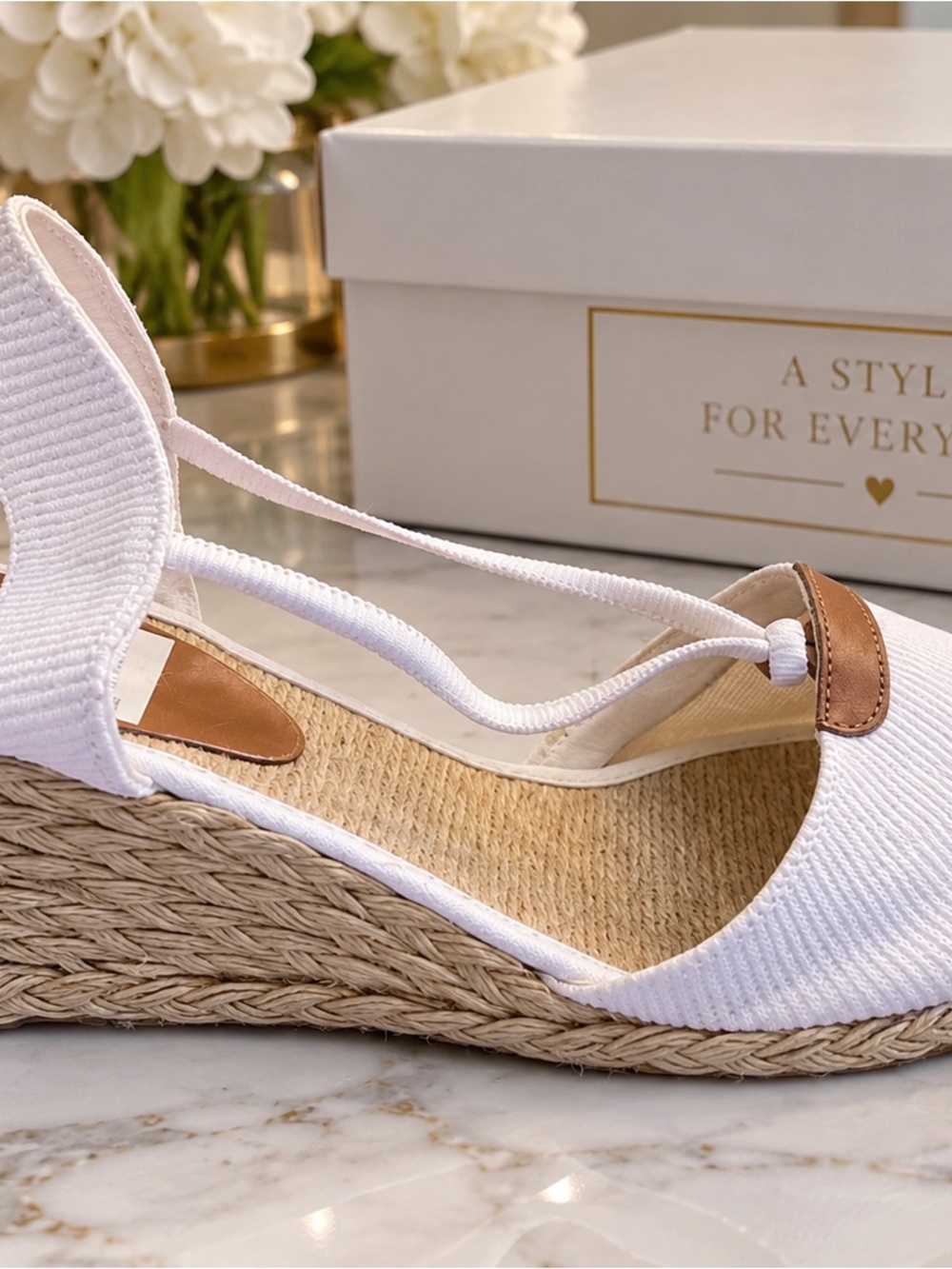 White Espadrille Wedge Sandals with Brown Accent - Women